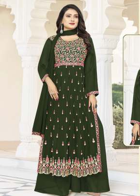 Designer Faux Georgette With Four Side Less Work Dupatta Nayra Cut Suits Mehndi Color DN 5026