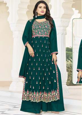 Designer Faux Georgette With Four Side Less Work Dupatta Nayra Cut Suits Rama Green Color DN 5026