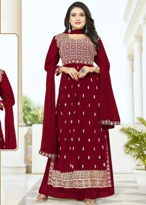 Designer Faux Georgette With Four Side Less Work Dupatta Nayra Cut Suits Maroon Color DN 5025