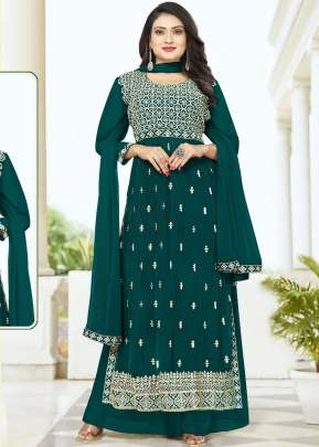 Designer Faux Georgette With Four Side Less Work Dupatta Nayra Cut Suits Rama Green Color DN 5025