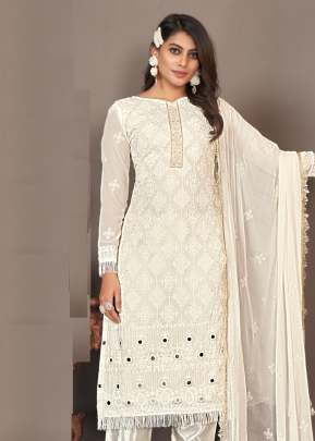 Designer Georgette Heavy Embroidery Work Rajwadi Pakistani Suit White Color DN 04