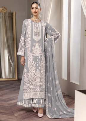 Designer Georgette With Embroidery Work And Mirror Work Pakistani Suit Light Grey Color DN 136