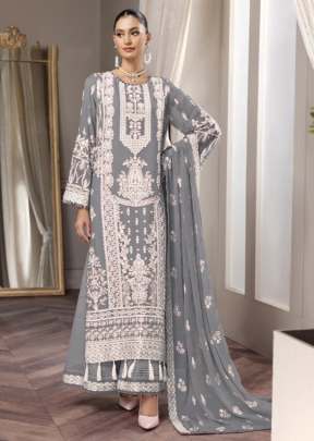 Designer Georgette With Embroidery Work And Mirror Work Pakistani Suit Grey Color DN 136