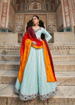 Designer Georgette With Embroidered Work With Dupatta Long Anarkali Gown Sky Color DN 4861