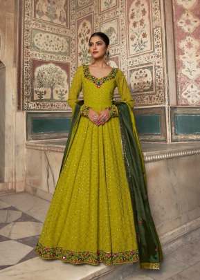 Designer Georgette With Embroidered Work With Dupatta Long Anarkali Gown Lime Green Color DN 4864