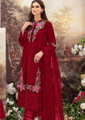 Designer Georgette With Heavy Embroidery Work Pakistani Suit Red Color R DN 528