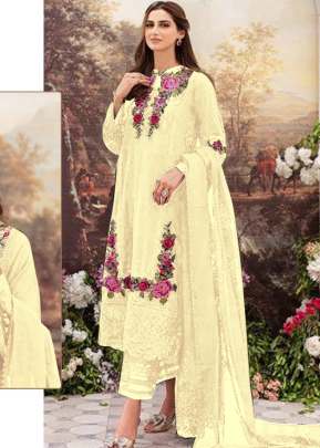 Designer Georgette With Heavy Embroidery Work Pakistani Suit Light Yellow Color R DN 528