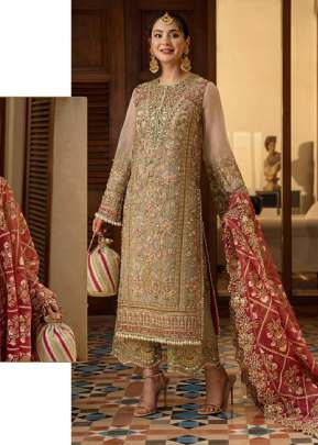 Designer Georgette With Heavy Embroidery Work With Boring Pakistani Suit Chiku Color R DN 549