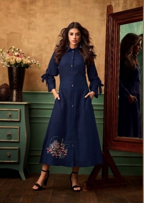 Designer Heavy Cotton With Embroidery Kara Kurti Dark Blue