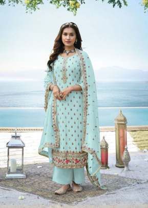 Designer Heavy Faux Georgette With Embroidery With Sequence Work Palazzo Suit Sky Blue Color DN 1408