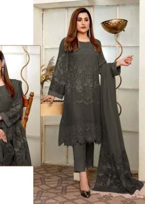 Designer Heavy Faux Georgette With Embroidery And Handwork Pakistani Suit Dark Grey Color R DN 553