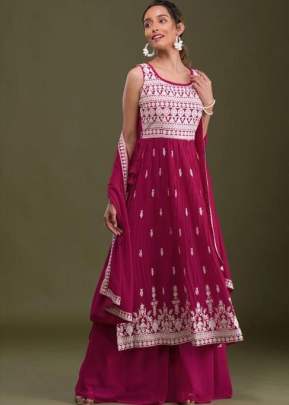 Designer Heavy Faux Georgette With Embroidery Sequence Work Palazzo Suit Dark Pink Color DN 1017