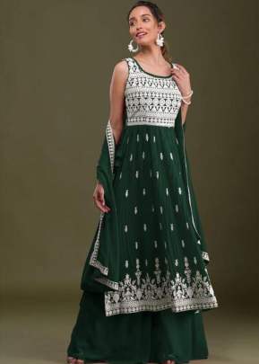 Designer Heavy Faux Georgette With Embroidery Sequence Work Palazzo Suit Green Color DN 1017