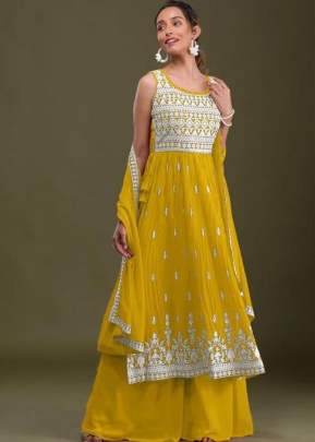 Designer Heavy Faux Georgette With Embroidery Sequence Work Palazzo Suit Yellow Color DN 1017