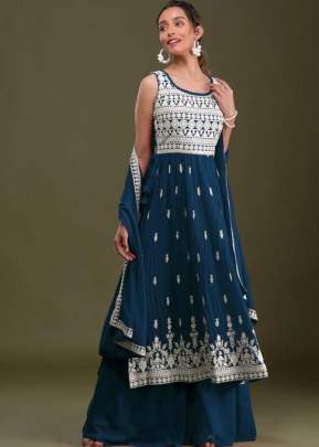 Designer Heavy Faux Georgette With Embroidery Sequence Work Palazzo Suit Blue Color DN 1017