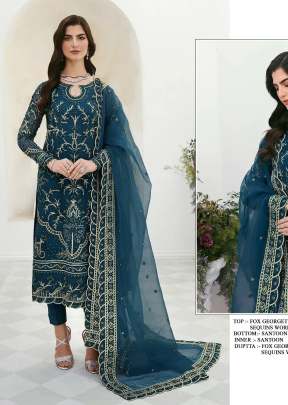 Designer Heavy Faux Georgette With Heavy Embroidery Sequence work Pakistani Suit Crystal Teal Color DN 1027