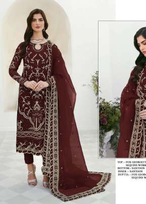 Designer Heavy Faux Georgette With Heavy Embroidery Sequence work Pakistani Suit Maroon Color DN 1027