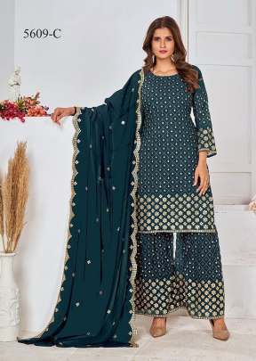 Designer Heavy Georgette With Embroidery Work And Sequence Work Sharara Suit Rama Color DN 5609