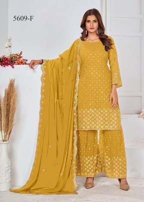 Designer Heavy Georgette With Embroidery Work And Sequence Work Sharara Suit Mustard Yellow Color DN 5609