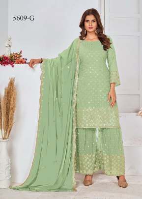 Designer Heavy Georgette With Embroidery Work And Sequence Work Sharara Suit Pista Green Color DN 5609