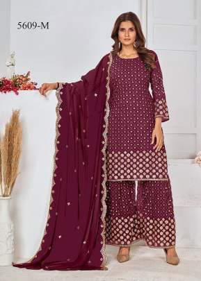 Designer Heavy Georgette With Embroidery Work And Sequence Work Sharara Suit Wine Color DN 5609