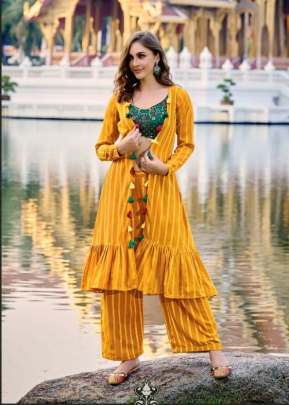 Koti Style Crop Tops With Exclusive Embroidery Work Palazzo Suit Green Yellow Color DN 4911 