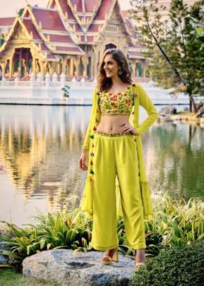 Koti Style Crop Tops With Exclusive Embroidery Work Palazzo Suit Florescence Green Color DN 4913