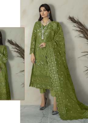 Designer Organza Heavy Embroidery Work Pakistani Suit Mehndi Color DN 568