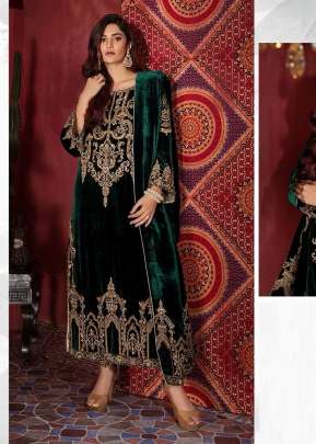 Designer Velvet Salwar Kameez With Embroidery Work Winter Suit Green Color DN 17037