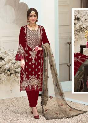 Designer Velvet With Sequence Coding Embroidery Work Pakistani Suit Maroon Color DN 138