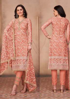 Diora Heavy Butterfly Net With Embroidered Chikankari Designer Suit Peach Color DN 224