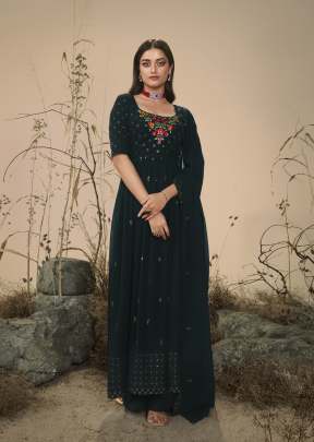 Exclusive Embroidered Georgette Stitched New Style Nayra Cut Suits Dark Olive Color DN 4826