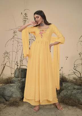 Exclusive Embroidered Georgette Stitched New Style Nayra Cut Suits Yellow Color DN 4831