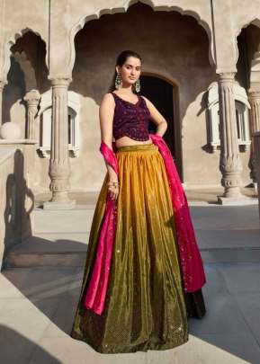 Exclusive Georgette Embroidered Print With Sequence Work Bridal Lehenga Choli Mustard Olive Color DN 2304