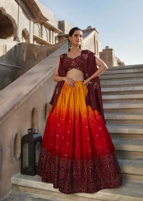 Exclusive Georgette Embroidered Print With Sequence Work Bridal Lehenga Choli Orange Wine Color DN 2305