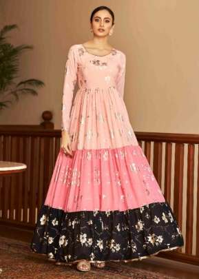 Exclusive Georgette Metalic Foil Work Anarkali Gown Peach Color DN 4701