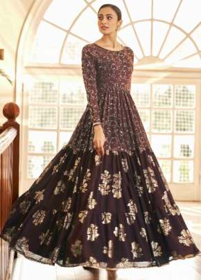 Exclusive Georgette Metalic Foil Work Anarkali Gown Maroon Color DN 4702