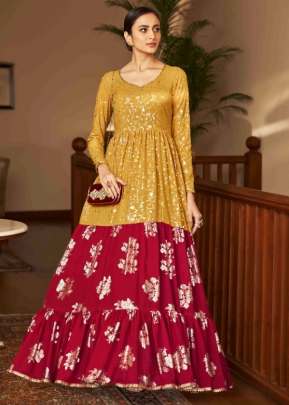 Exclusive Georgette Metalic Foil Work Anarkali Gown Mustard Yellow Color DN 4703