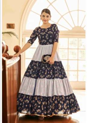 Exclusive Georgette Metalic Foil Work Anarkali Gown Nevy Blue Color DN 4705