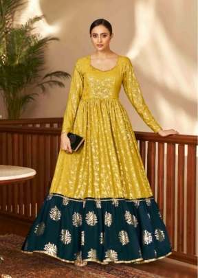 Exclusive Georgette Metalic Foil Work Anarkali Gown Florance Green Color DN 4709