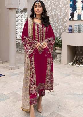 Exclusive Heavy Faux Georgette With Embroidery Work Pakistani Suit Dark Pink Color DN 9104