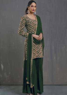 Exclusive Heavy Faux Georgette With Embroidery Sequence Work Pakistani Suit Green Color DN 9120