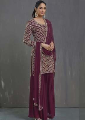 Exclusive Heavy Faux Georgette With Embroidery Sequence Work Pakistani Suit Wine Color DN 9120
