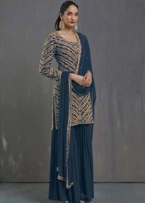 Exclusive Heavy Faux Georgette With Embroidery Sequence Work Pakistani Suit Rama Color DN 9120