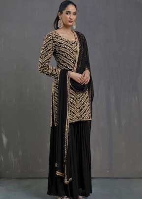 Exclusive Heavy Faux Georgette With Embroidery Sequence Work Pakistani Suit Black Color DN 9120