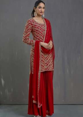 Exclusive Heavy Faux Georgette With Embroidery Sequence Work Pakistani Suit Red Color DN 9120