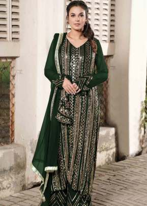 Exclusive Heavy Faux Georgette With Embroidery Double Sequence Work Pakistani Suit Green Color DN 1002 C