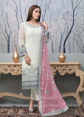 Exclusive Heavy Faux Georgette With Embroidery Sequence Work With Stone Work Pakistani Suit White And Pink Color DN 1009