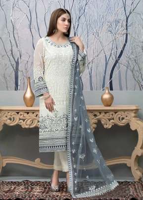 Exclusive Heavy Faux Georgette With Embroidery Sequence Work With Stone Work Pakistani Suit White And Grey Color DN 1009