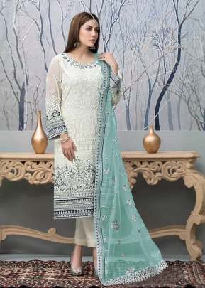 Exclusive Heavy Faux Georgette With Embroidery Sequence Work With Stone Work Pakistani Suit White And Sky Color DN 1009